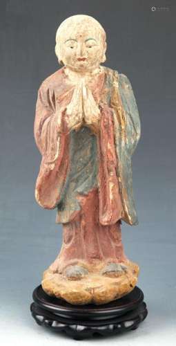 A FINELY PAINTED WOODEN BUDDHA FIGURE
