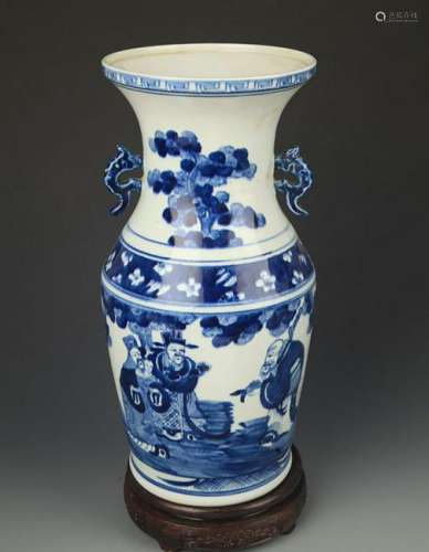 BLUE AND WHITE STORY PAINTED DOUBLE EAR VASE