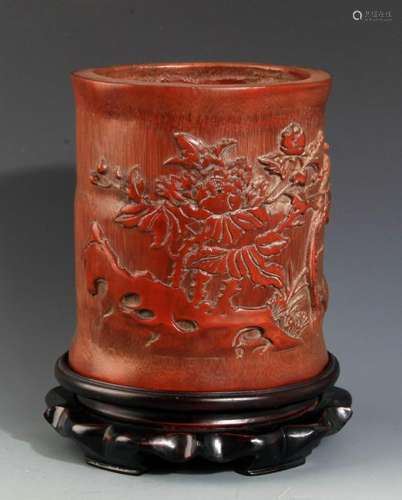 FINELY CARVED BAMBOO BRUSH POT