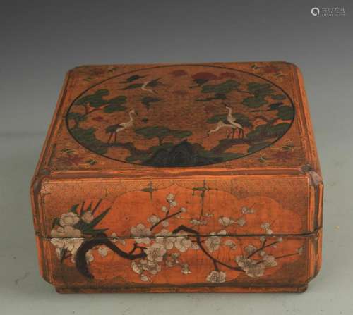 A GILT LACQUER PINE TREE PAINTING WOODEN CHEST