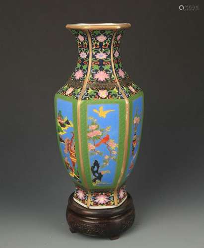 AN ENAMEL COLOR FLOWER AND BIRD PAINTED SIX SIDED VASE