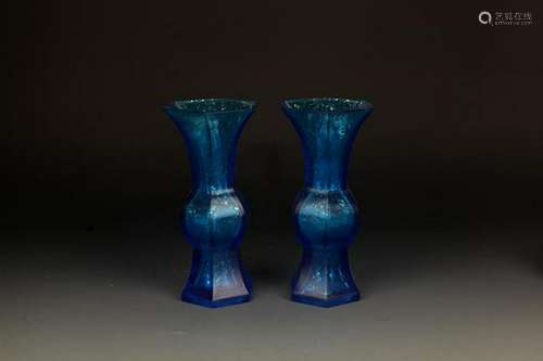 PAIR  OF BLUE COLOR SPRINKLE GOLD GLASS FLOWER JAR