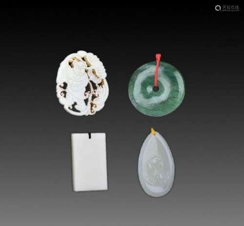 GROUP OF FOUR FINELY CARVED JADE PENDANT