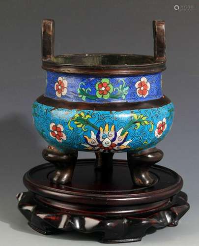 A FINELY CARVED CLOISONNÃ ENAMEL BRONZE CENSER