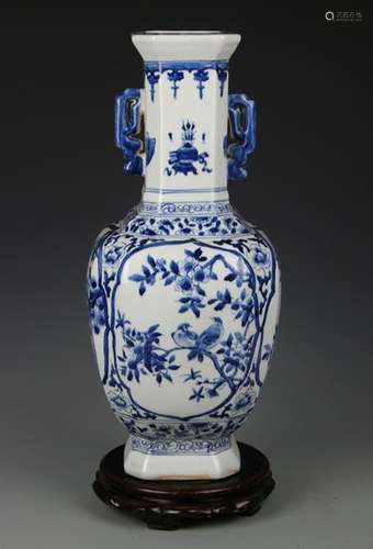 BLUE AND WHITE FLOWER AND BIRD PAINTED VASE