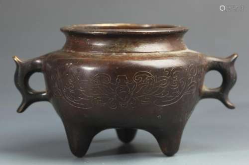 A CARVED TRIPOD BRONZE CENSER WITH TWO HANDLE