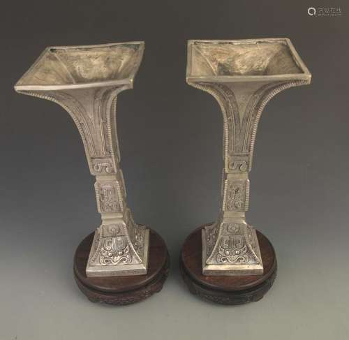 RARE PAIR OF BRONZE FLOWER VASE CARVING TAO TIE