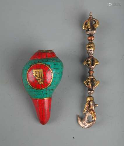 GROUP OF TIBETAN VAJRA AND PHURBA AND CONCH