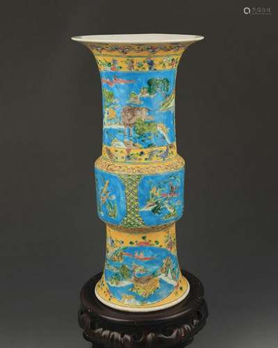 A TURQUOISE GROUND, YELLOW GLAZE FAMILLE ROSE VASE