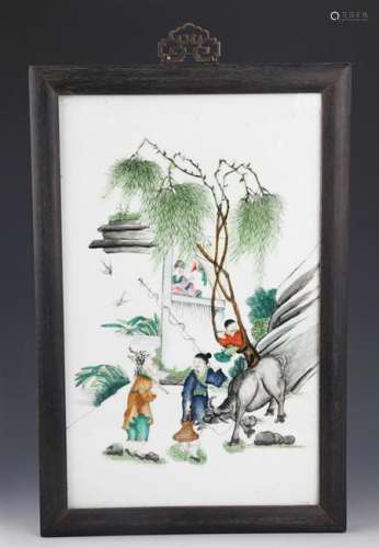 A FINE PORCELAIN PAINTING WITH ZI TAN FRAME