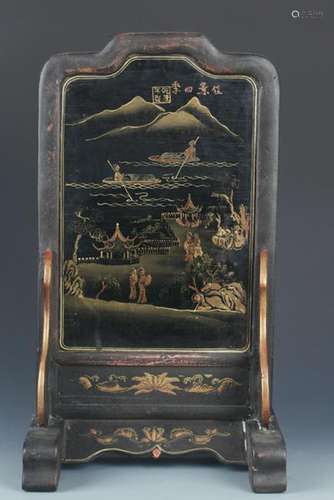 PAINTED WOODEN CHINESE LACQUER TABLE SCREEN