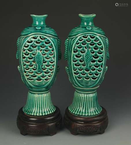 PAIR OF CELADON GLAZE HALLOW MADE FISH STYLE VASE