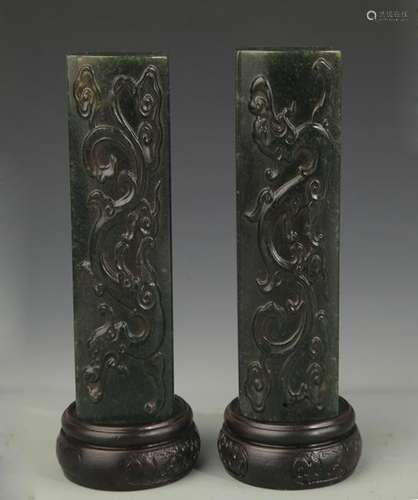 PAIR OF DRAGON CARVING SHOUSHAN STONE PAPER WEIGHT