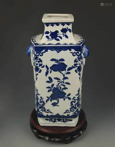 BLUE AND WHITE FLOWER PAINTED PORCELAIN SQUARE VASE