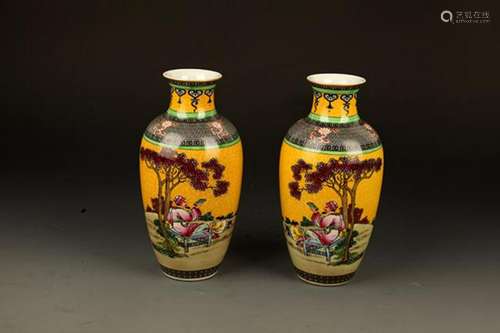 PAIR OF ENAMEL COLOR STORY PATTERN DECORATIVE VASE