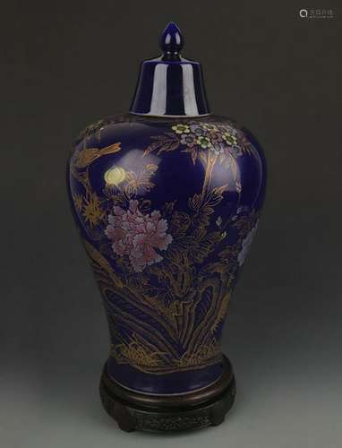 DARK BLUE GLAZE FLOWER AND BIRD PAINTED PORCELAIN VASE