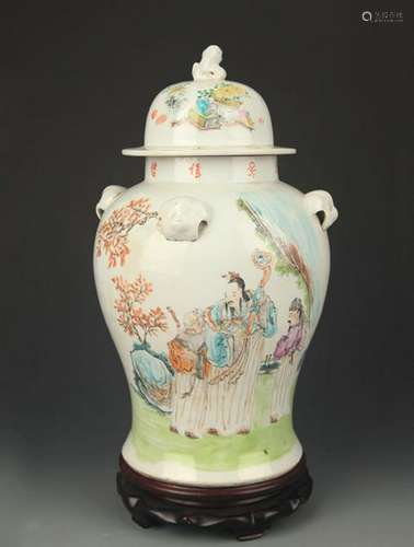 A FAMILLE ROSE STORY PAINTED GENERAL JAR