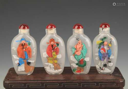 GROUP OF FOUR CRANE PAINTED SNUFF BOTTLE