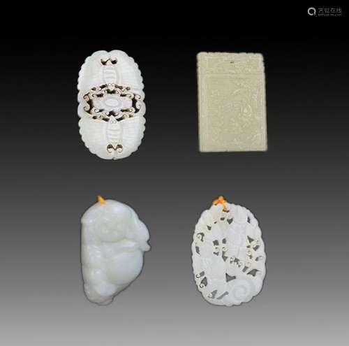 GROUP OF FOUR FINELY CARVED JADE PENDANT