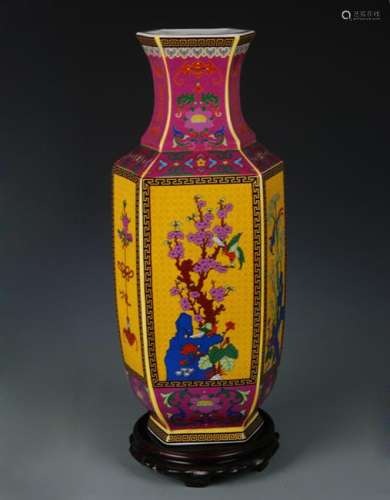 ENAMEL COLOR FLOWER AND BIRD PAINTED SQUARE VASE