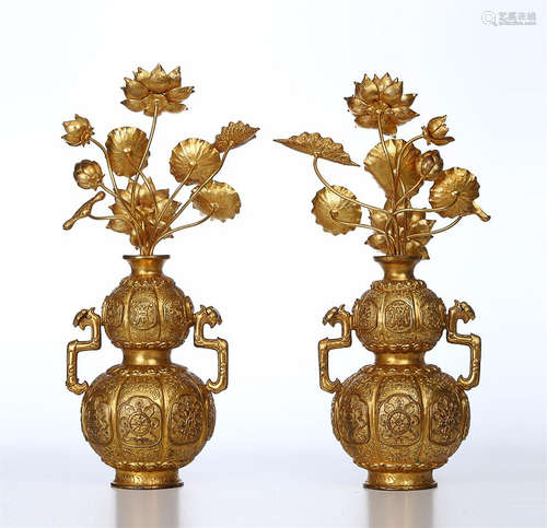 GILT BRONZE GOURD-VASE IN PAIR