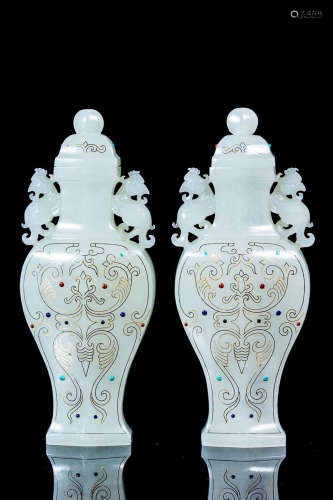 HETIAN JADE PHOENIX EAR VASES IN PAIR