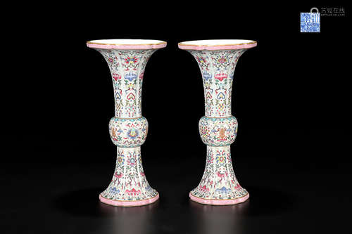 A PAIR OF FAMILLE ROSE FLOWER VASES