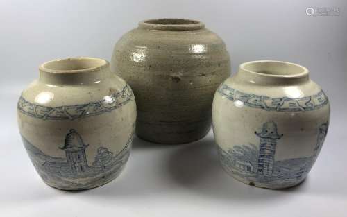 A PAIR OF CHINESE PROVINCIAL STYLE JARS TOGETHER WITH AN EARLY CHINESE STONEWARE JAR (3)