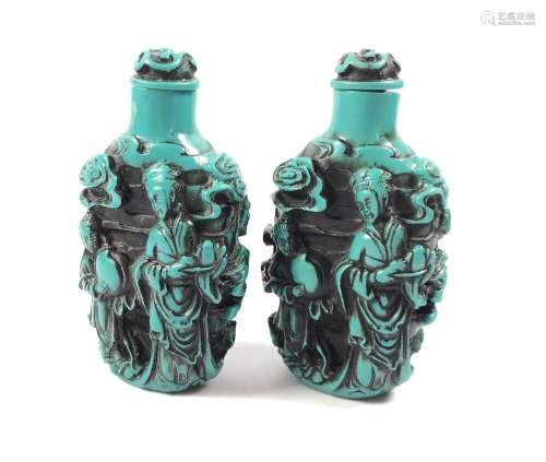 TWO ORIENTAL TURQUOISE FIGURAL SNUFF BOTTLES
