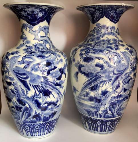 A LARGE AND IMPRESSIVE PAIR OF JAPANESE MEIJI PERIOD BLUE AND WHITE PHOENIX PATTERN VASES, HEIGHT