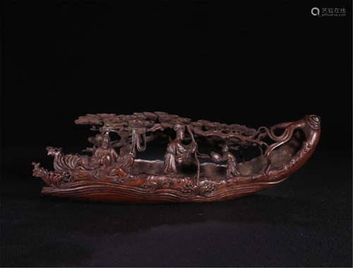 CHINESE BAMBOO CARVED MAN ON BOAT TABLE ITEM