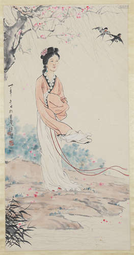 CHINESE SCROLL PAINTING OF BEAUTY UNDER TREE