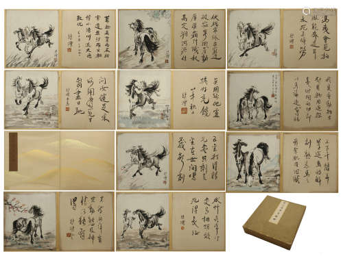 TWEENTY PAGES OF CHINESE ALBUM PAINTING OF HORSE WITH CALLIGRAPHY
