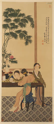 CHINESE SCROLL PAINTING OF BEAUTY IN GARDEN