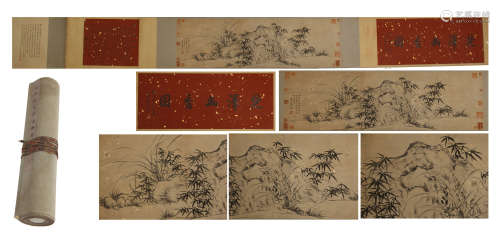 CHINESE HAND SCROLL PAINTING OF BAMBOO AND ROCK WITH CALLIGRAPHY