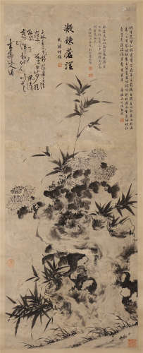 CHINESE SCROLL PAINTING OF BAMBOO AND ROCK WITH CALLIGRAPHY