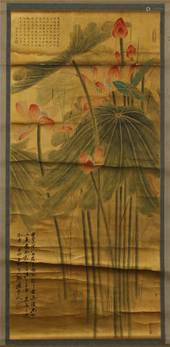 CHINESE SCROLL PAINTING OF LOTUS ON GOLD PAPER