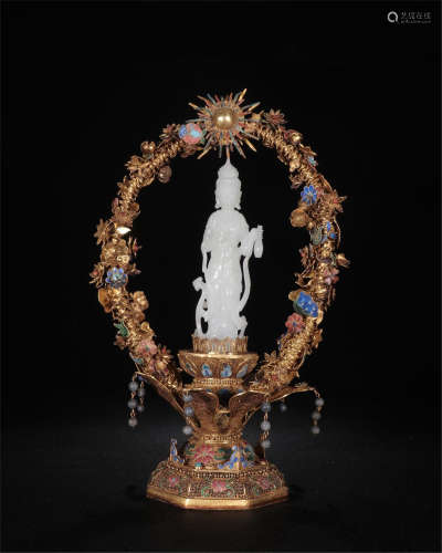 CHINESE WHITE JADE STANDING GUANYIN ON GILT SILVER ENAMEL STAND