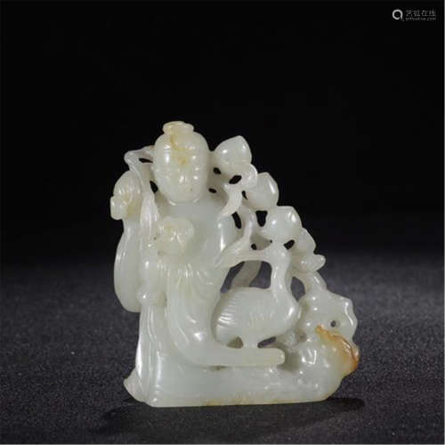 CHINESE CELADON JADE STANDING BEAUTY WITH BIRD TABLE ITEM