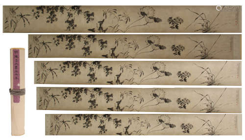 CHINESE HAND SCROLL PAINTING OF FLOWER AND ORCHID WITH CALLIGRAPHY