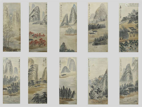 TEN PANELS OF CHINESE SCROLL PAINTING OF MOUNTAIN VIEWS