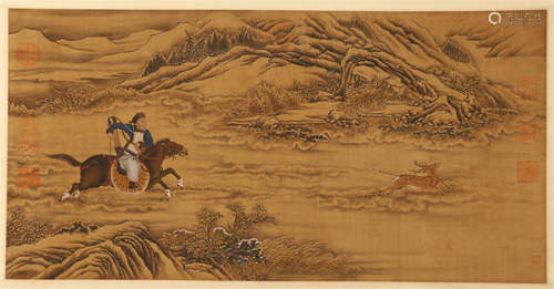 CHINESE SCROLL PAINTING OF HUNTING IN MOUNTAIN