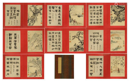 SIXTEEN PAGES OF CHINESE ALBUM PAINTING OF LANDSCAPE WITH CALLIGRAPHY