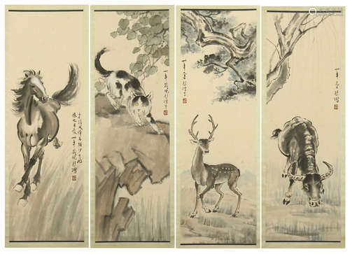 FOUR PANELS OF CHINESE SCROLL PAINTING OF ANIMAL