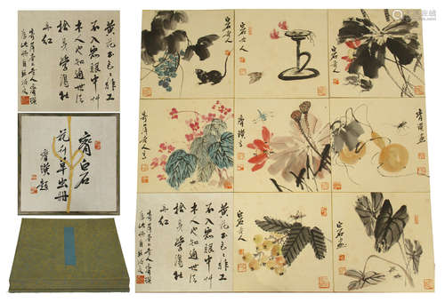 TEN PAGES OF CHINESE ALBUM PAINTING OF FLOWER WITH CALLIGRAPHY