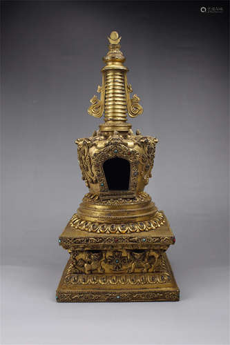 CHINESE GILT BRONZE BUDDHIST TOWER NICHE