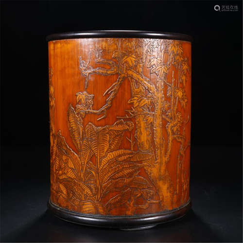 CHINESE BAMBOO BIRD AND FLOWER BRUSH POT