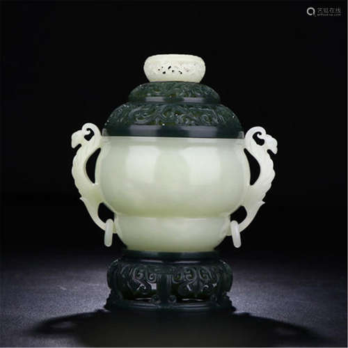 CHINESE CELADON JADE DRAGON HANDLE CENSER WITH SPINACH JADE LIDDER AND BASE