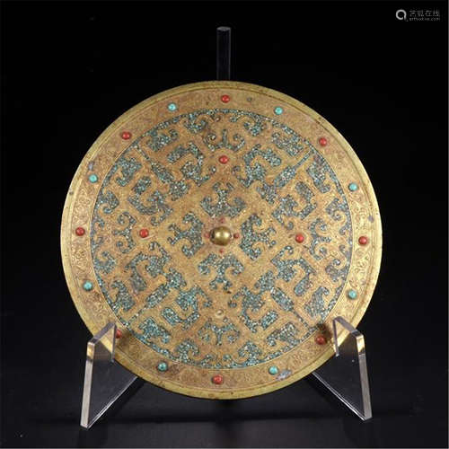 CHINESE GEM STONE INLAID GILT BRONZE ROUND MIRROR