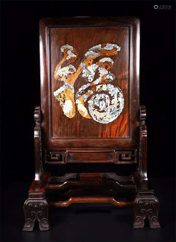 CHINESE MOTHER OF PEARL INLAID ROSEWOOD HONGMU TABLE SCREEN